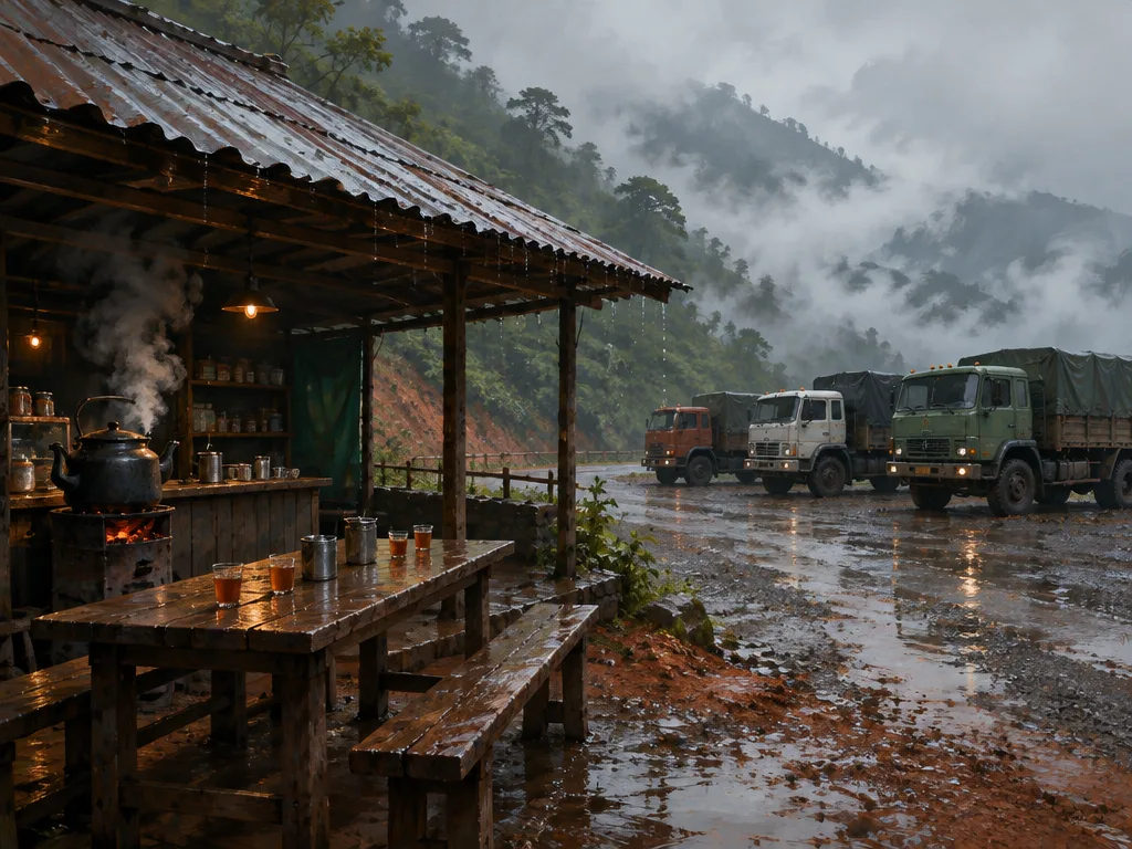 Warung tepi jalan di Kettle Bend: atap seng meneteskan hujan, ketel besar mengepul di atas tungku arang, meja panjang dengan gelas teh, tiga truk parkir di kerikil.