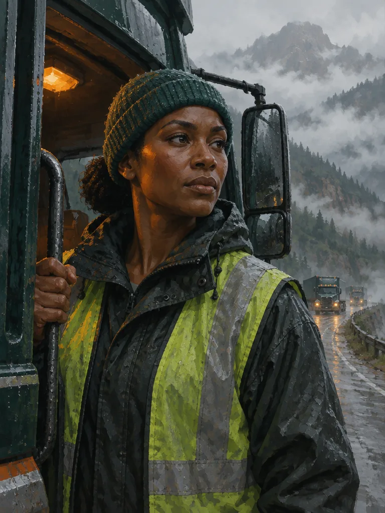 June Okoro berdiri di pintu kabin truk dengan rompi reflektif dan topi rajut, menatap jalan di bawah hujan, lampu kabin amber menerangi wajahnya.