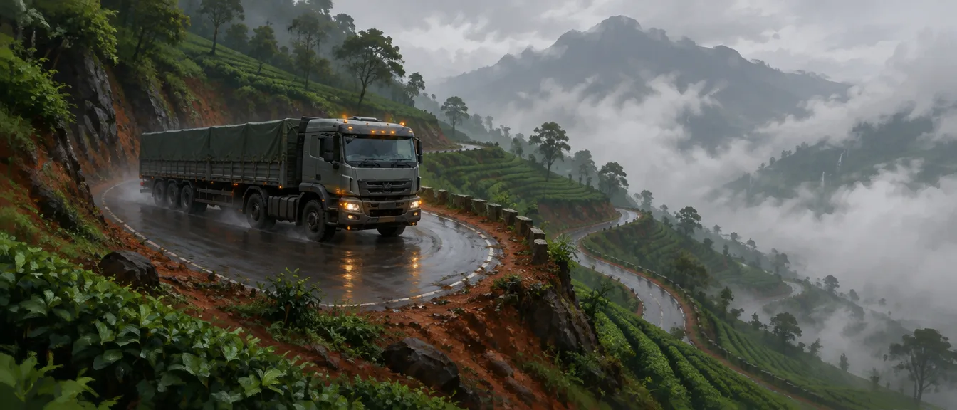 Truk bermuatan terpal berbelok di tikungan tusuk konde yang basah, lampu amber menyala, kebun teh dan kabut memenuhi lembah di bawahnya.
