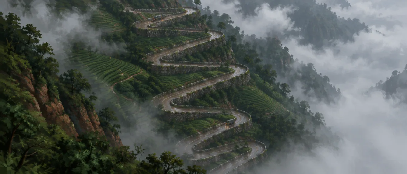 Karsk Pass dari udara: satu jalan sempit melipat turun di tebing hijau dalam tangga tikungan tusuk konde, dinding batu di tiap tikungan, dua truk kecil turun, kabut menelan kaki lereng.
