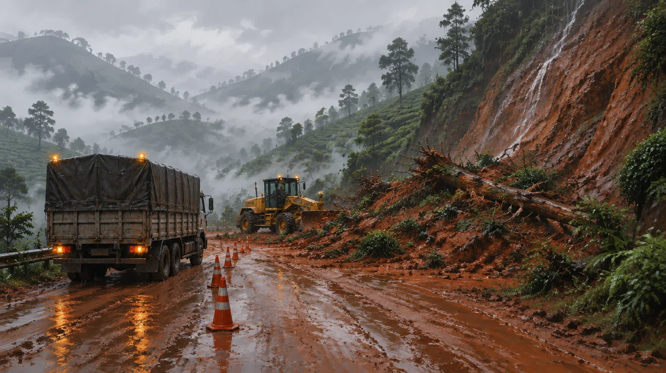 Longsor tanah merah menutup jalan tanah, pohon tumbang dan semak teh terbawa, truk menunggu dengan lampu hazard, grader kuning mulai membersihkan.