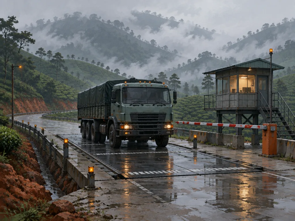 Jembatan timbang di jalan gunung: truk tiga gandar berhenti di atas pelat baja, pos petugas dengan jendela menyala, palang merah putih, bukit teh berkabut di belakang.